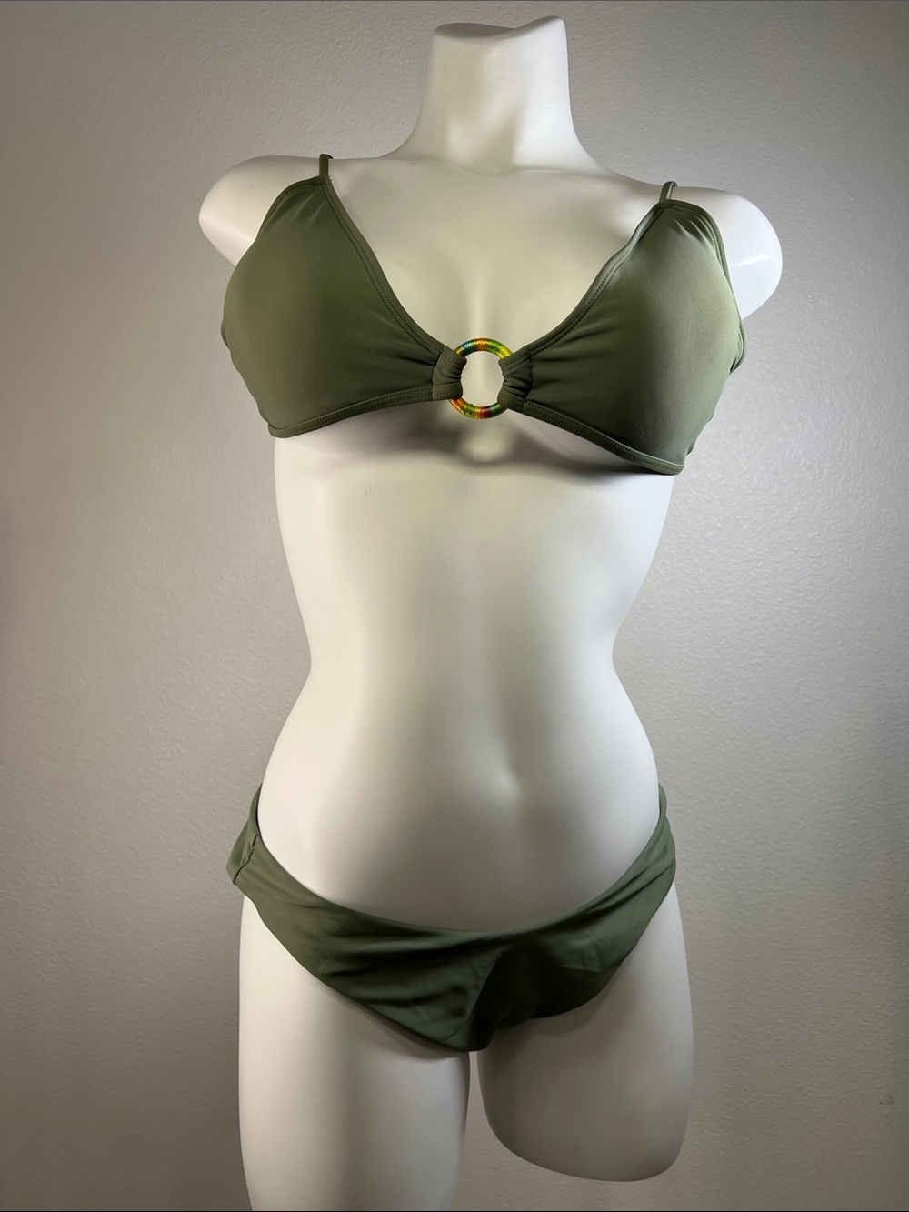 aerie Olive Green Multicolor Ring-Accent Bikini Set Bottom Medium & Top XL
